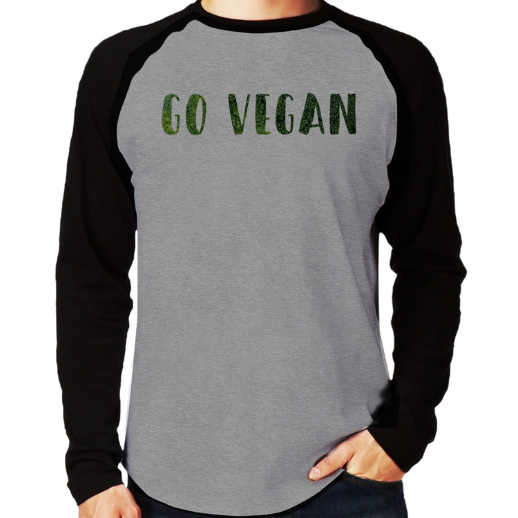 Camiseta Raglan Go Vegan Manga Longa - Cinza/Preto