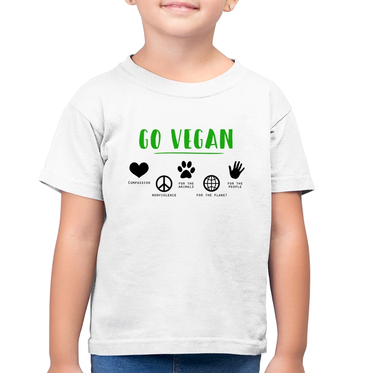 Camiseta Algodão Infantil Go Vegan Símbolos - Branca