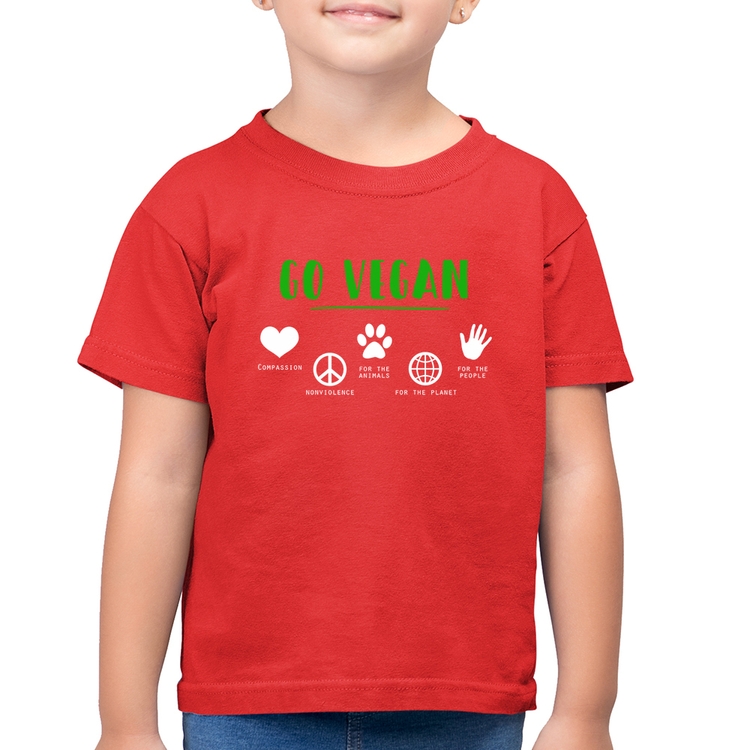 Camiseta Algodão Infantil Go Vegan Símbolos - Vermelha
