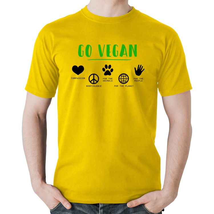 Camiseta Algodão Go Vegan Símbolos - Amarela