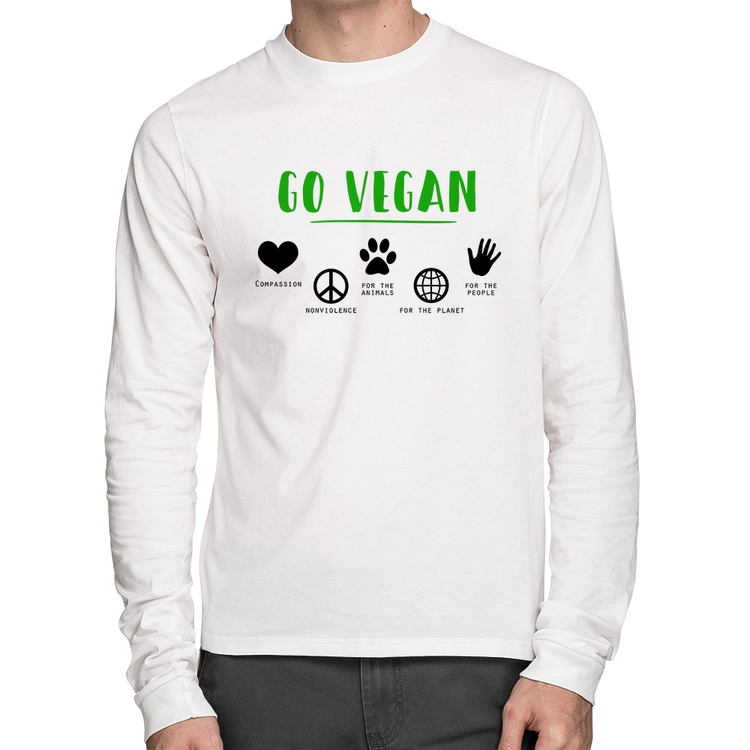 Camiseta Algodão Go Vegan Símbolos Manga Longa - Branca