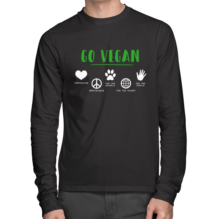 Camiseta Algodão Go Vegan Símbolos Manga Longa