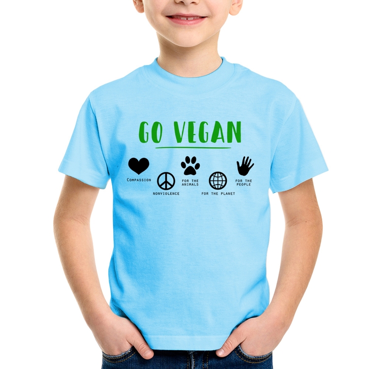 Camiseta Infantil Go Vegan Símbolos - Azul Bebê