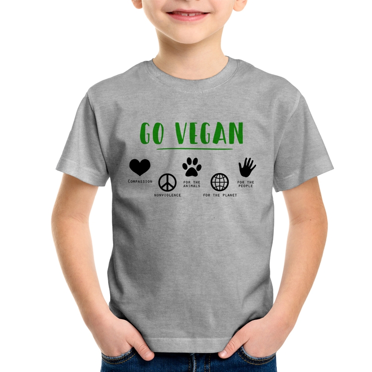 Camiseta Infantil Go Vegan Símbolos - Cinza