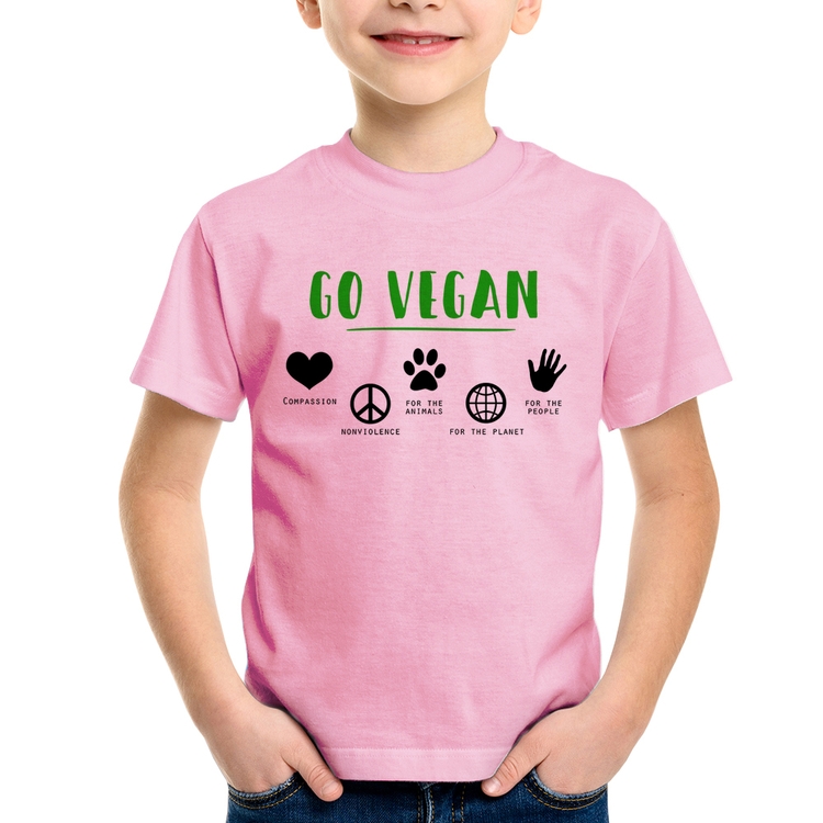 Camiseta Infantil Go Vegan Símbolos - Rosa Bebê