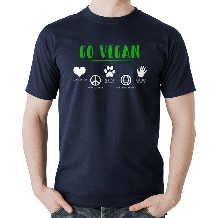 Camiseta Algodão Go Vegan Símbolos - Marinho