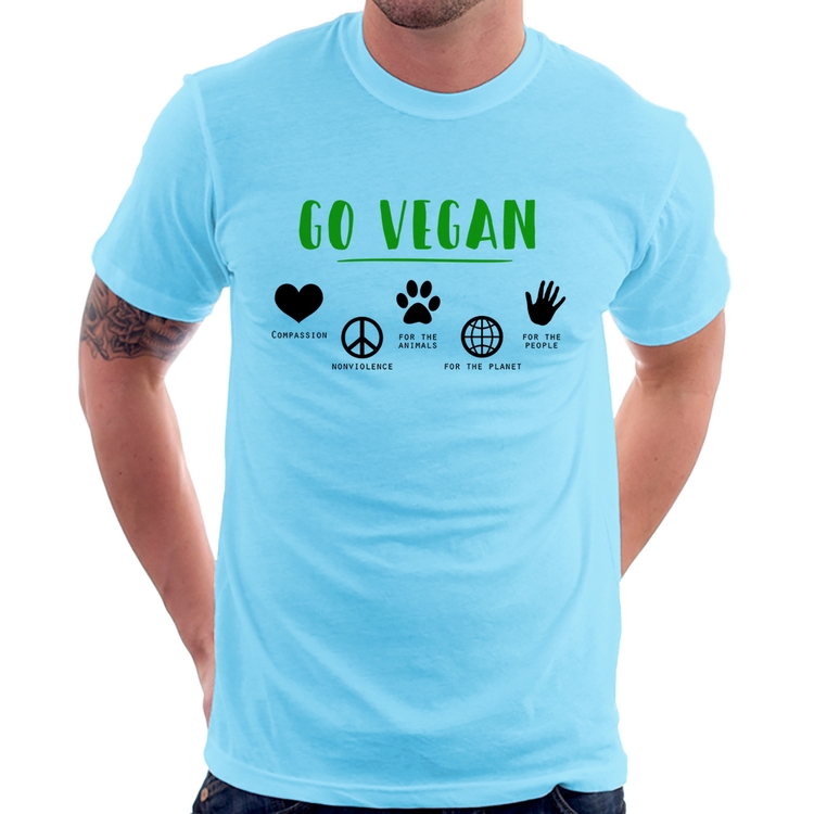Camiseta Go Vegan Símbolos - Azul Bebê