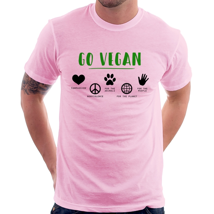Camiseta Go Vegan Símbolos - Rosa Bebê