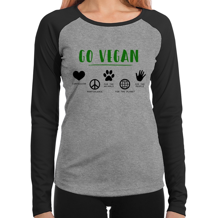 Baby Look Raglan Go Vegan Símbolos Manga Longa - Cinza/Preto