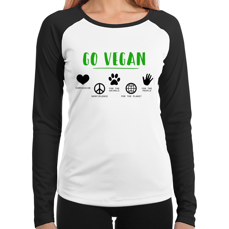 Baby Look Raglan Go Vegan Símbolos Manga Longa