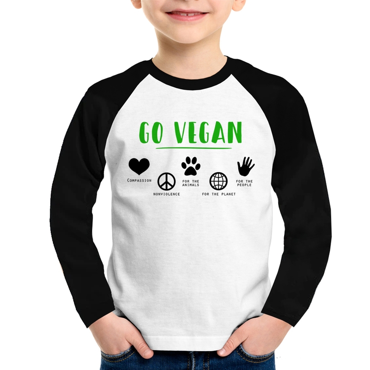 Camiseta Raglan Infantil Go Vegan Símbolos Manga Longa
