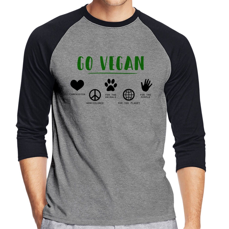 Camiseta Raglan Go Vegan Símbolos Manga 3/4 - Cinza/Preto