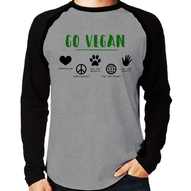 Camiseta Raglan Go Vegan Símbolos Manga Longa - Cinza/Preto