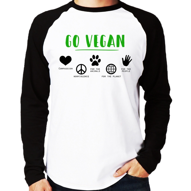 Camiseta Raglan Go Vegan Símbolos Manga Longa