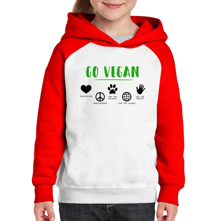 Moletom Infantil Go Vegan Símbolos - Branco/Vermelho