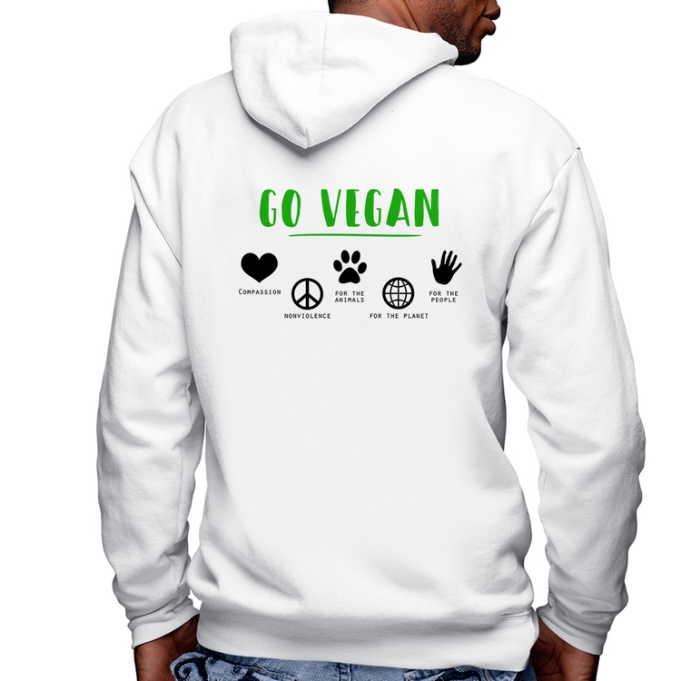 Blusa Moletom Go Vegan Símbolos Masculina com Capuz e Zíper - Branca