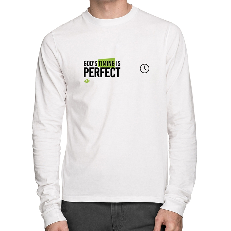 Camiseta Algodão God's timing is perfect Manga Longa - Branca