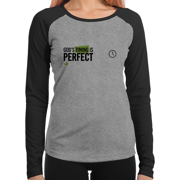 Baby Look Raglan God's timing is perfect Manga Longa - Cinza/Preto