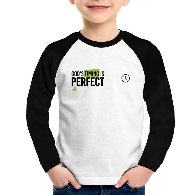 Camiseta Raglan Infantil God's timing is perfect Manga Longa
