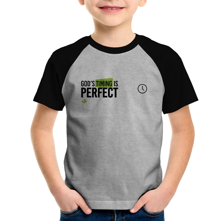 Camiseta Raglan Infantil God's timing is perfect - Cinza/Preto