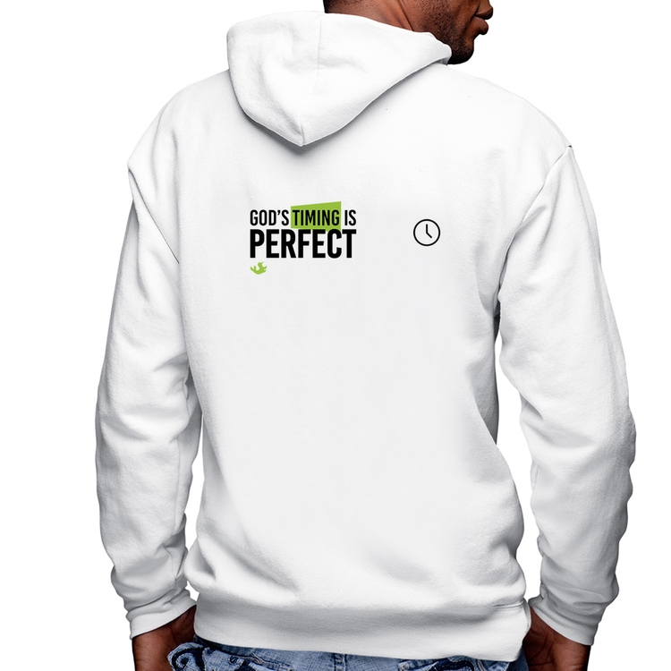 Blusa Moletom God's timing is perfect Masculina com Capuz e Zíper - Branca