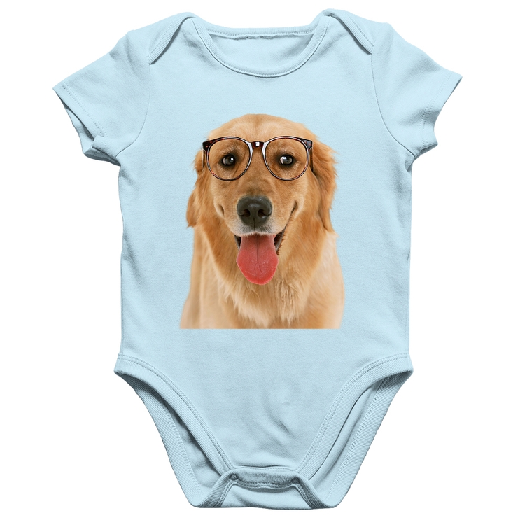 Body Bebê Algodão Golden Retriever de Óculos - Azul Bebê