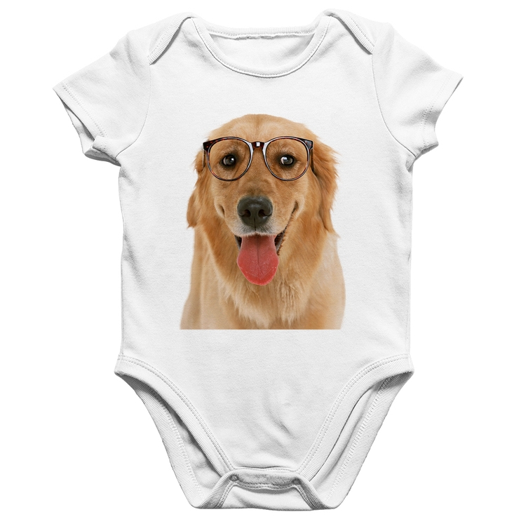 Body Bebê Algodão Golden Retriever de Óculos - Branco