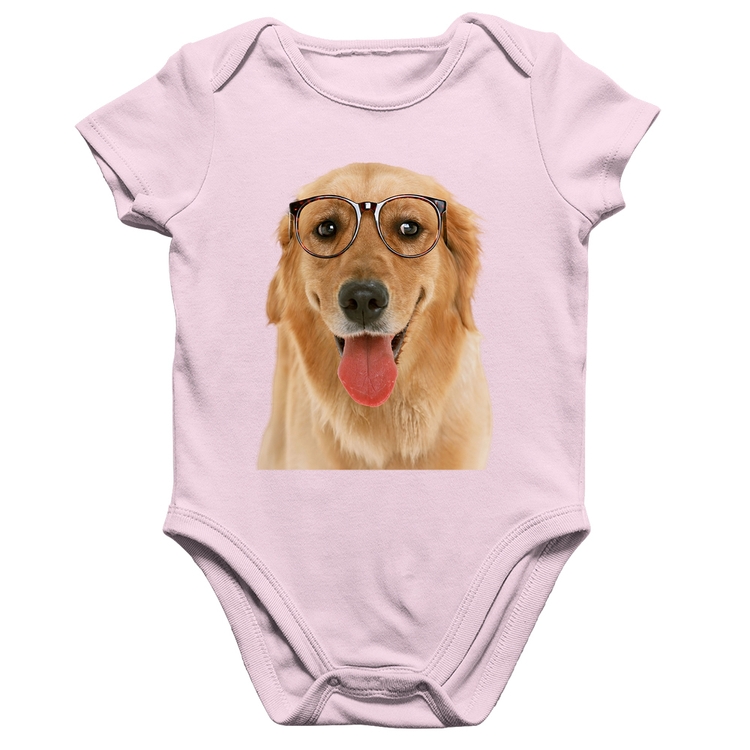 Body Bebê Algodão Golden Retriever de Óculos - Rosa Bebê