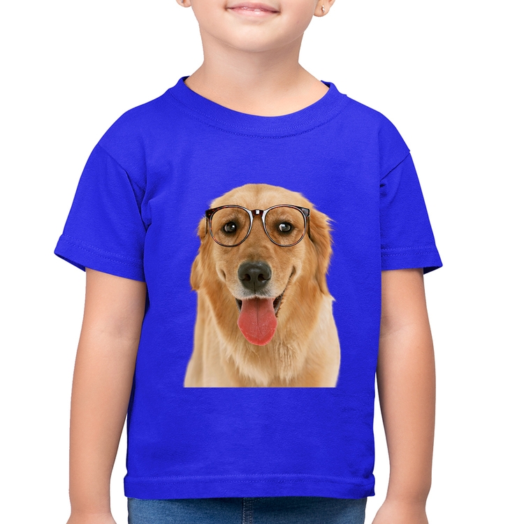 Camiseta Algodão Infantil Golden Retriever de Óculos - Azul Royal