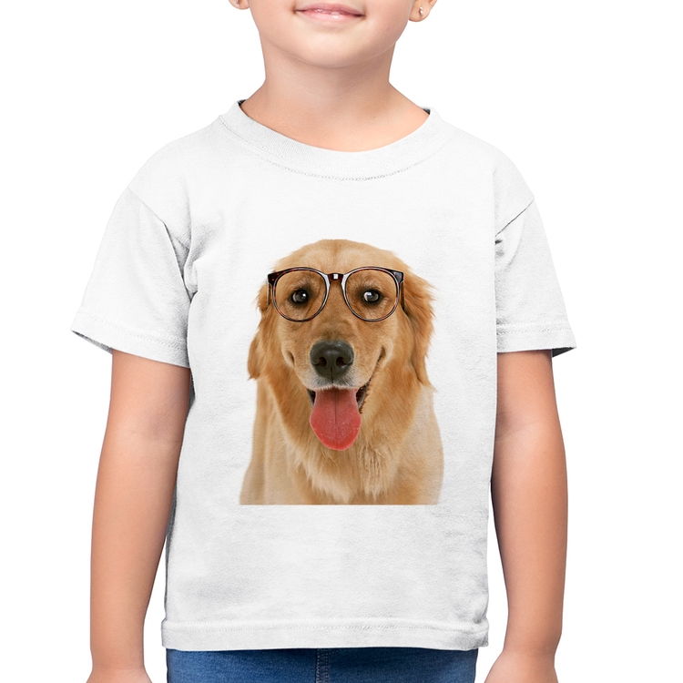 Camiseta Algodão Infantil Golden Retriever de Óculos - Branca