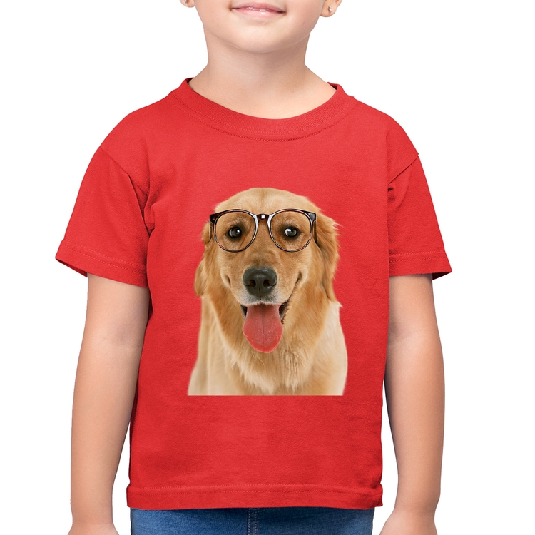 Camiseta Algodão Infantil Golden Retriever de Óculos - Vermelha