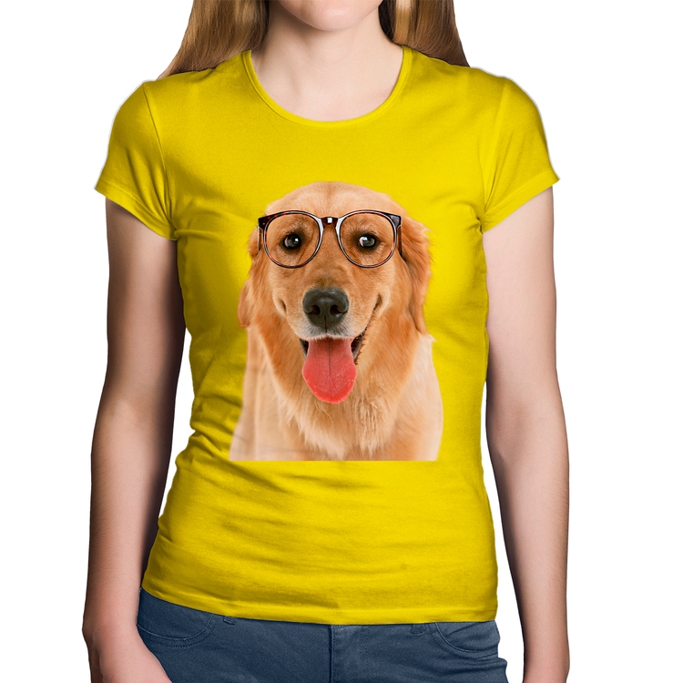 Baby Look Algodão Golden Retriever de Óculos - Amarela