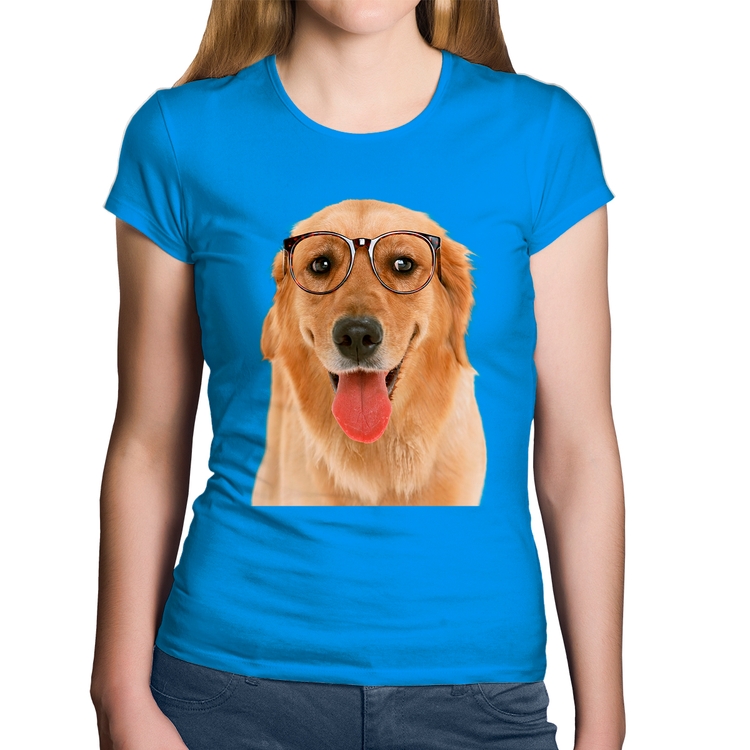 Baby Look Algodão Golden Retriever de Óculos - Azul