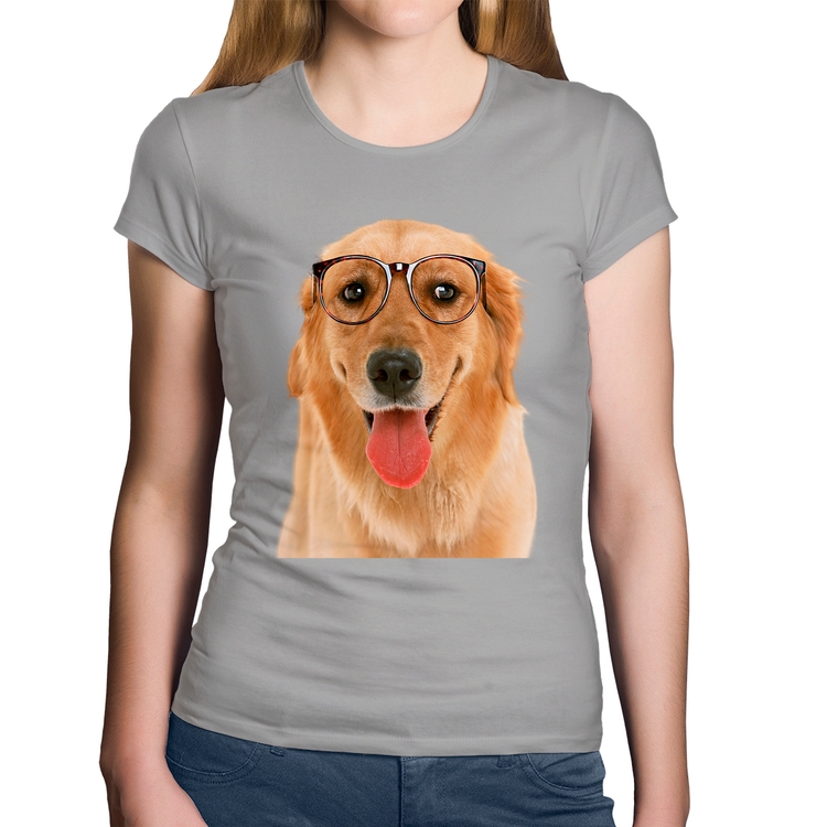 Baby Look Algodão Golden Retriever de Óculos - Cinza