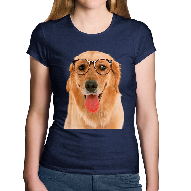 Baby Look Algodão Golden Retriever de Óculos - Marinho