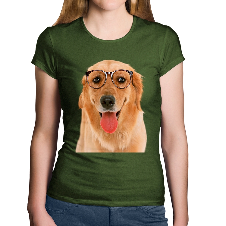 Baby Look Algodão Golden Retriever de Óculos - Musgo