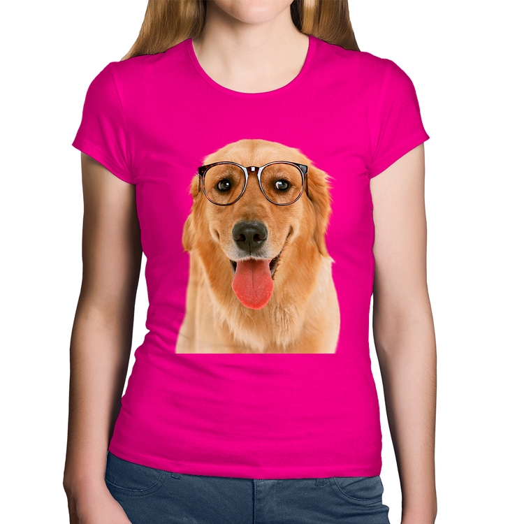 Baby Look Algodão Golden Retriever de Óculos - Rosa