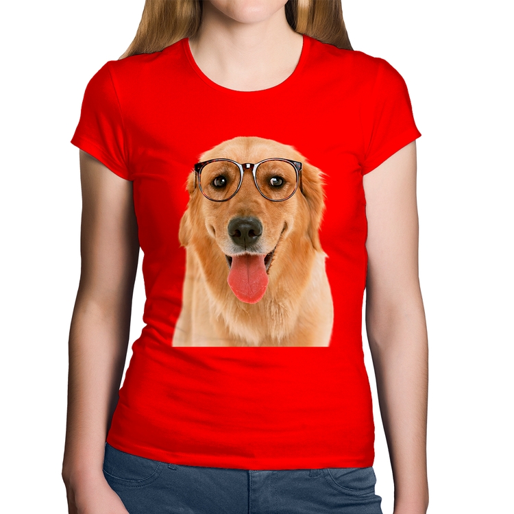 Baby Look Algodão Golden Retriever de Óculos - Vermelha