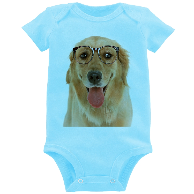 Body Bebê Golden Retriever de Óculos - Azul Bebê