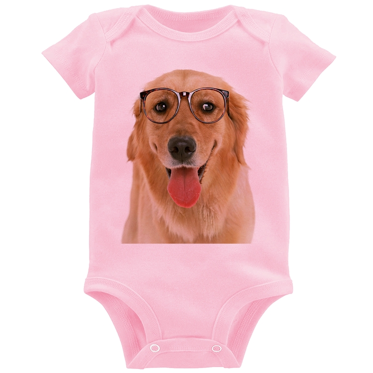 Body Bebê Golden Retriever de Óculos - Rosa Bebê