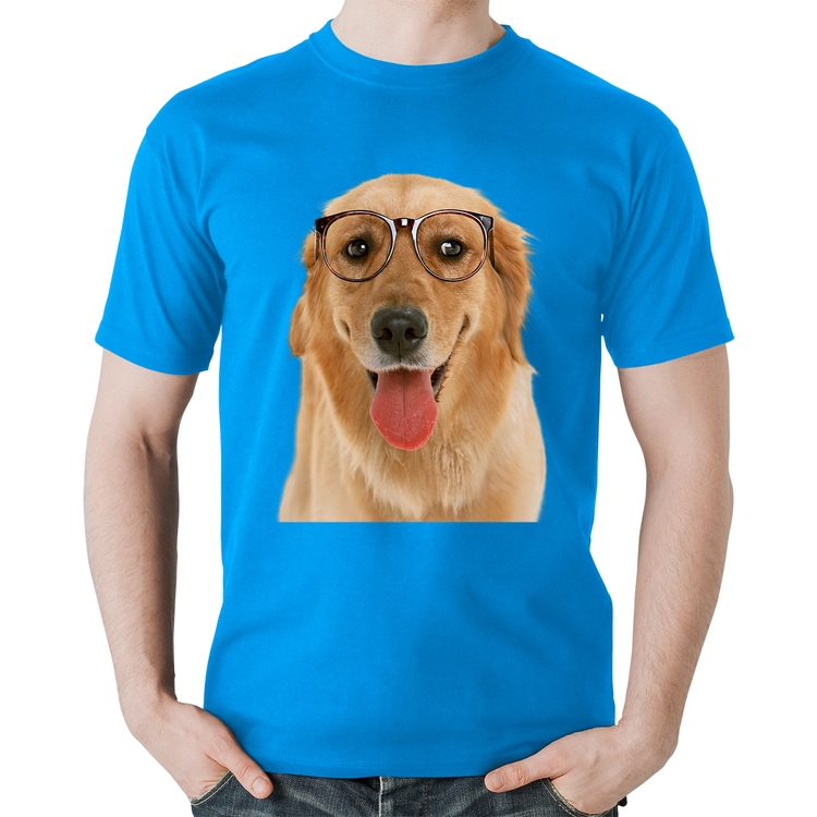 Camiseta Algodão Golden Retriever de Óculos - Azul