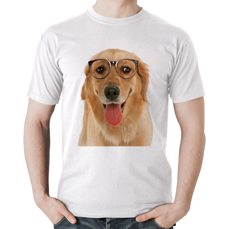 Camiseta Algodão Golden Retriever de Óculos - Branca