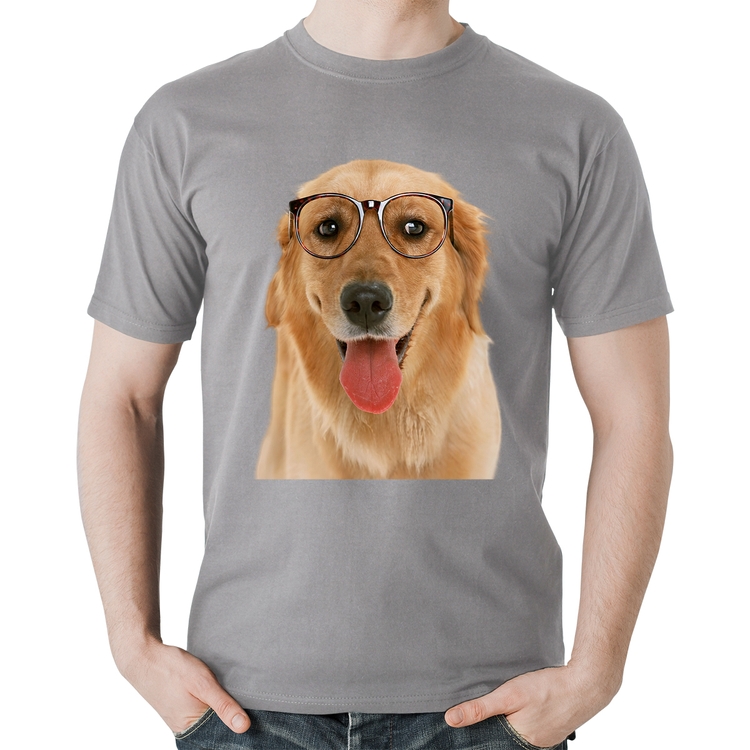 Camiseta Algodão Golden Retriever de Óculos - Cinza