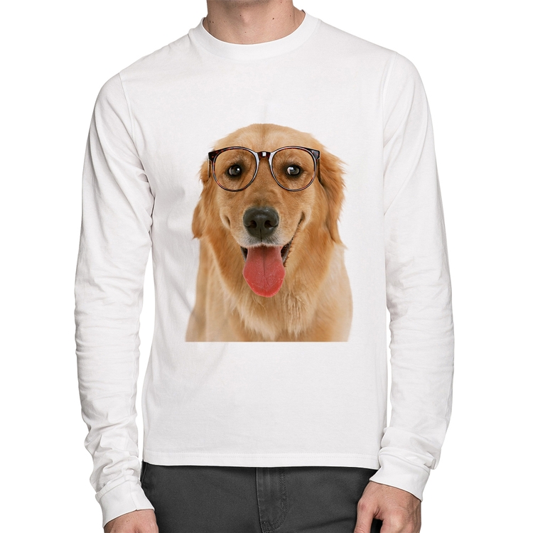 Camiseta Algodão Golden Retriever de Óculos Manga Longa - Branca