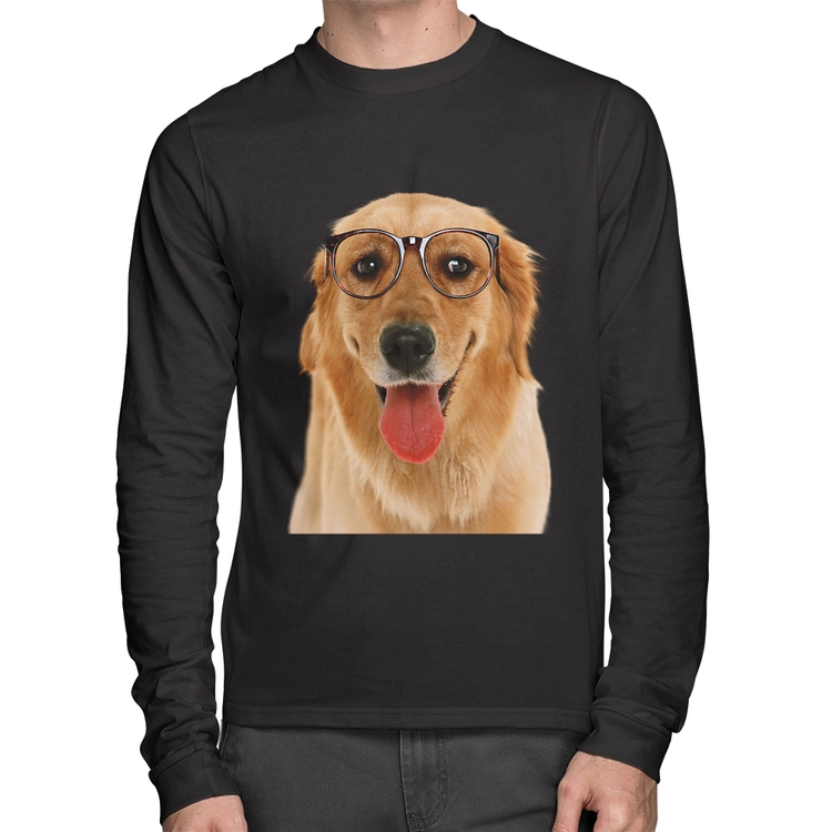 Camiseta Algodão Golden Retriever de Óculos Manga Longa