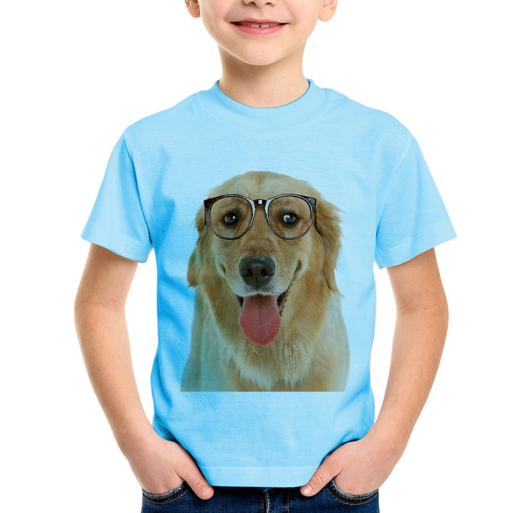 Camiseta Infantil Golden Retriever de Óculos - Azul Bebê