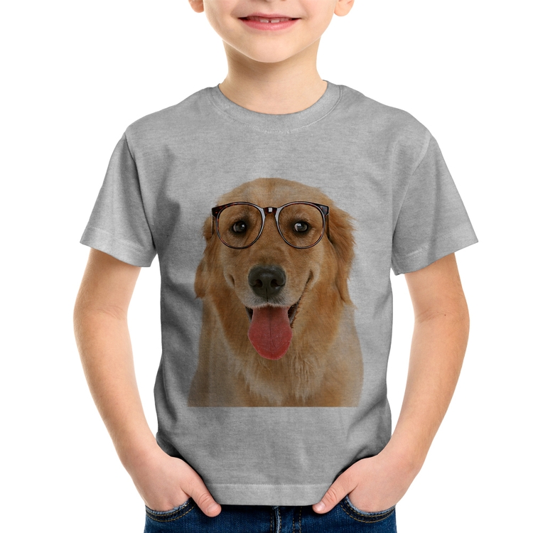 Camiseta Infantil Golden Retriever de Óculos - Cinza