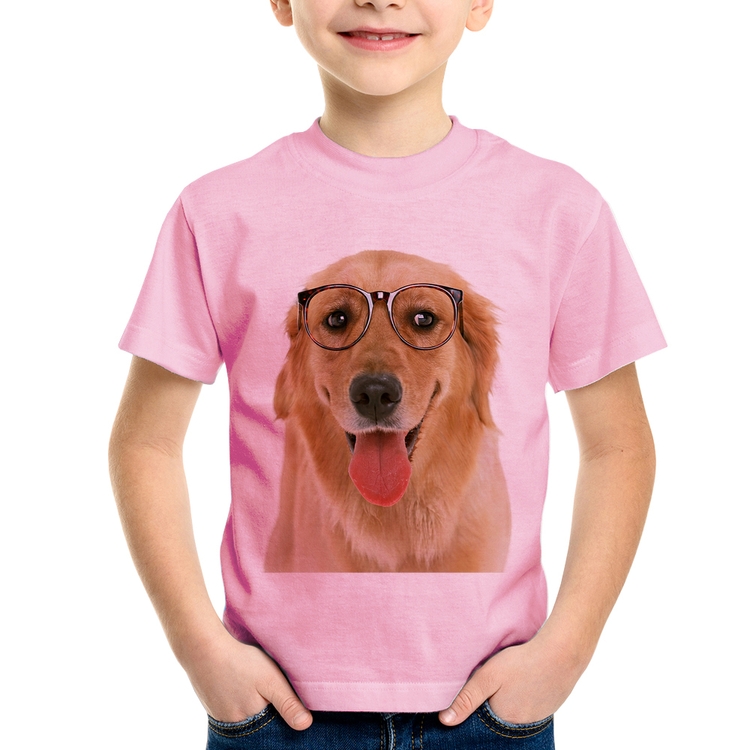 Camiseta Infantil Golden Retriever de Óculos - Rosa Bebê