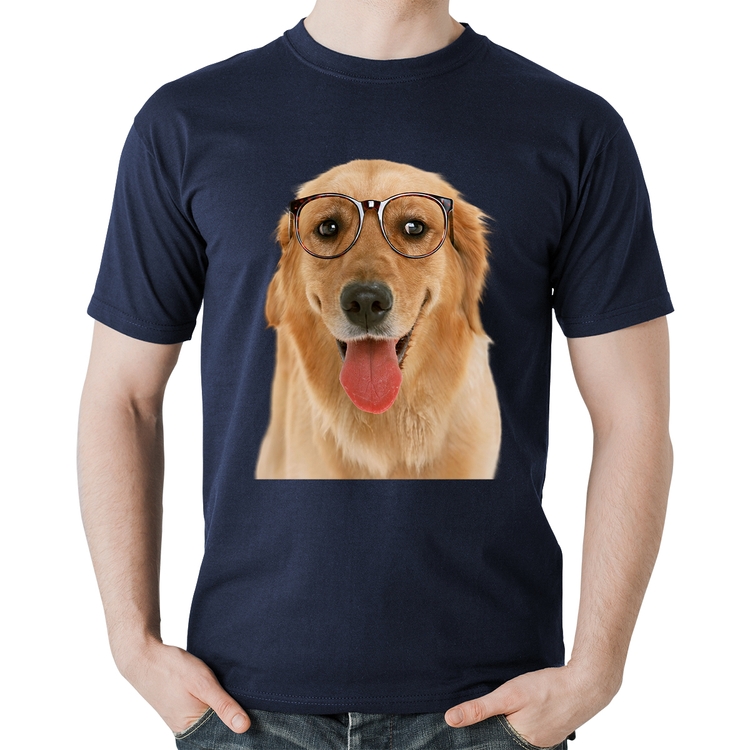 Camiseta Algodão Golden Retriever de Óculos - Marinho