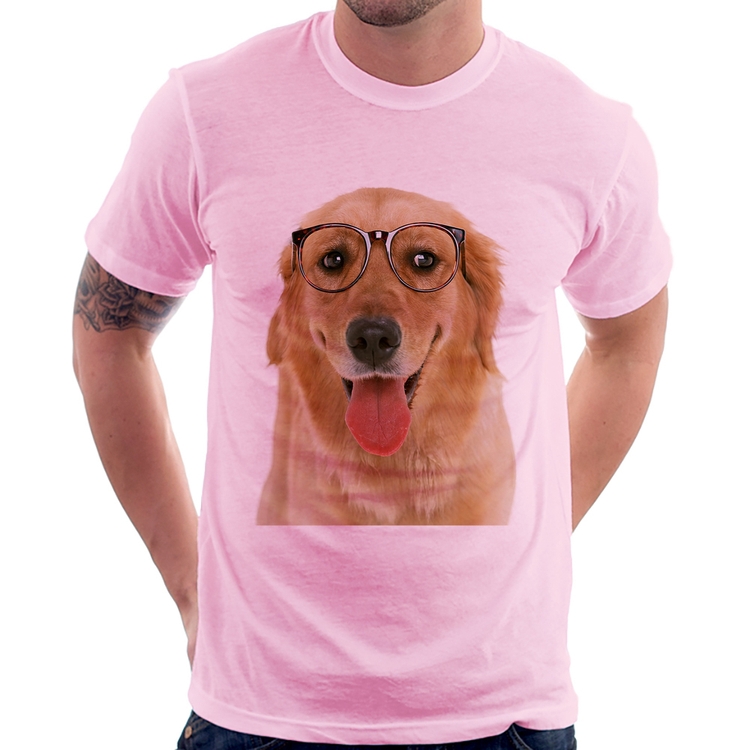 Camiseta Golden Retriever de Óculos - Rosa Bebê